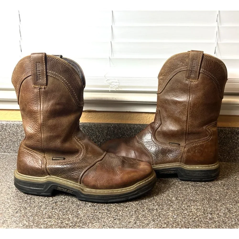 Wolverine Waterproof Contour Welt 10 Inch Brown Leather Work Boots Men's 10.5 EW